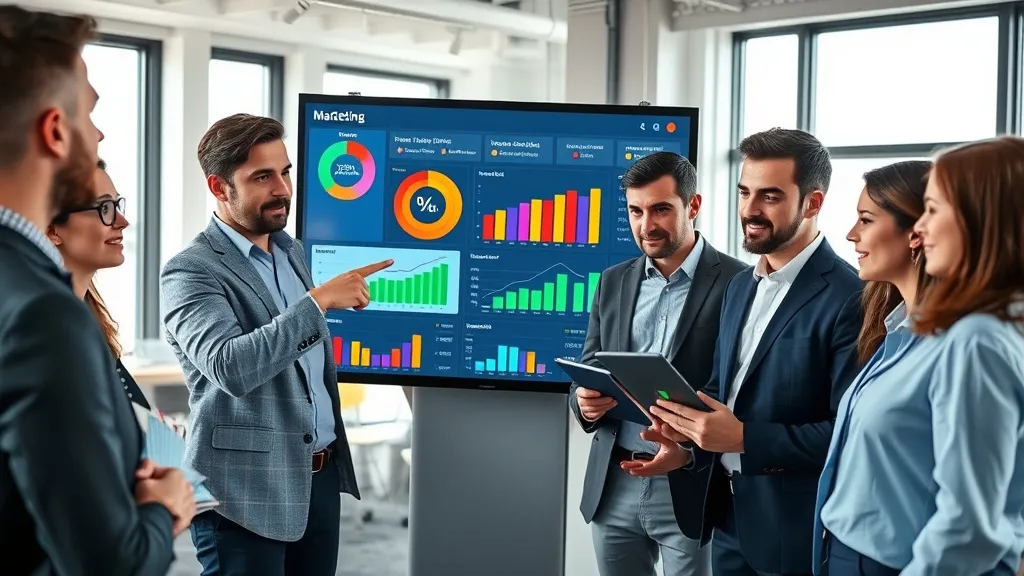 Equipe de marketing analisando dashboard de métricas de leads em escritório moderno
