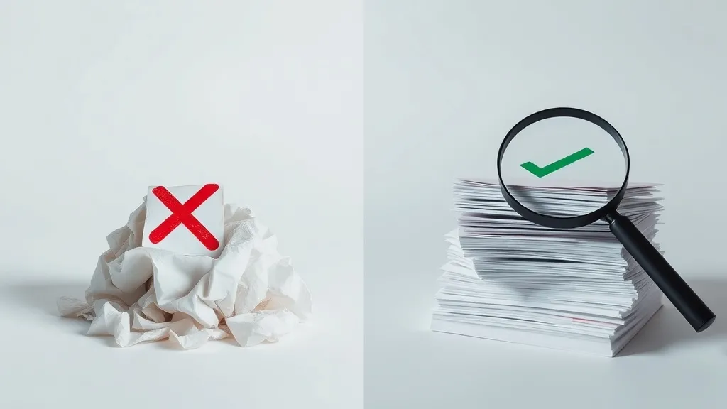 Metáfora visual de leads descartados versus leads qualificados com pilhas de papel e lupa