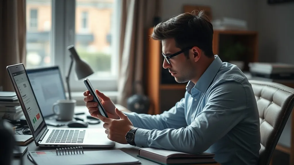 Profissional frustrado em escritório olhando para celular com notificação de chamada perdida, laptop com CRM aberto