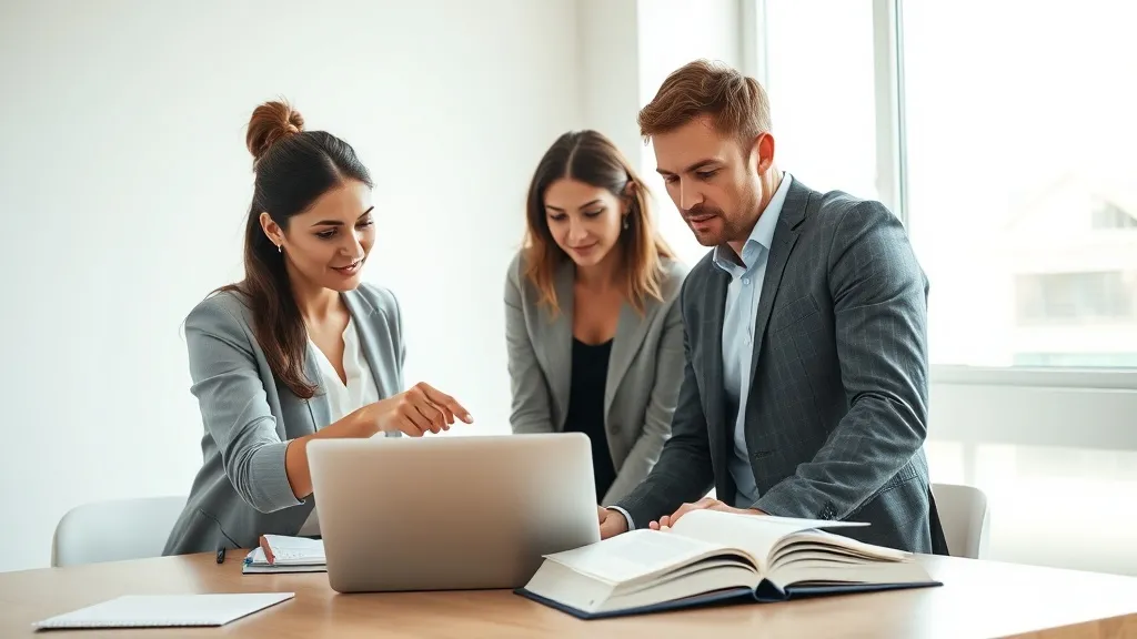 Equipe de três profissionais discutindo dados de CRM em laptop durante reunião