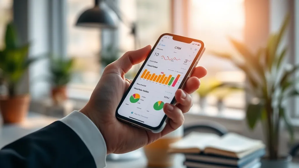 Profissional segurando smartphone com dashboard de CRM, prestes a tomar decisão