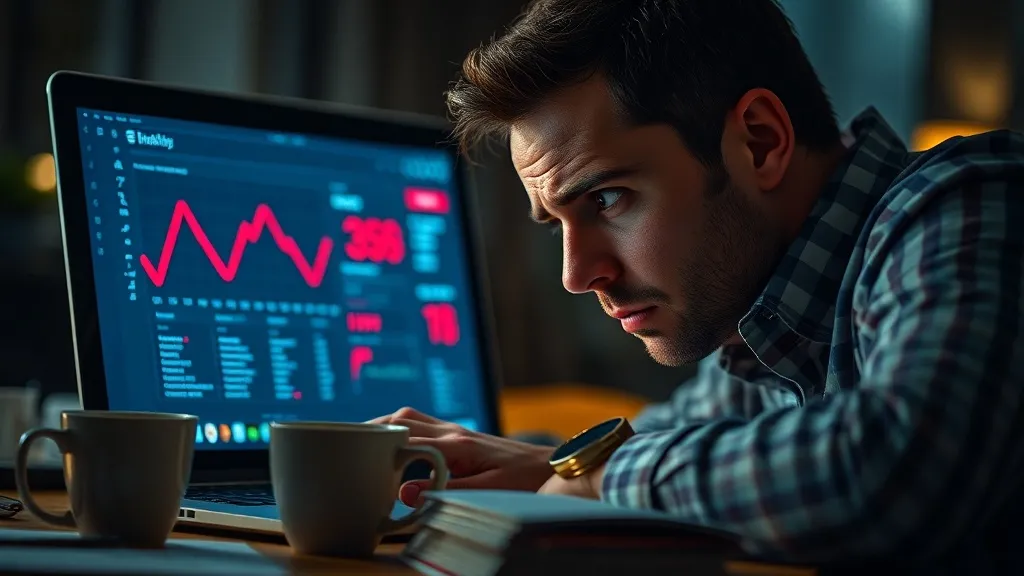 Gestor de marketing estressado olhando para dashboard com números vermelhos em escritório noturno