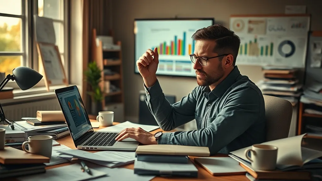 Gestor de marketing frustrado analisando gráficos em laptop, mão na testa, ambiente de escritório bagunçado com luz da tarde