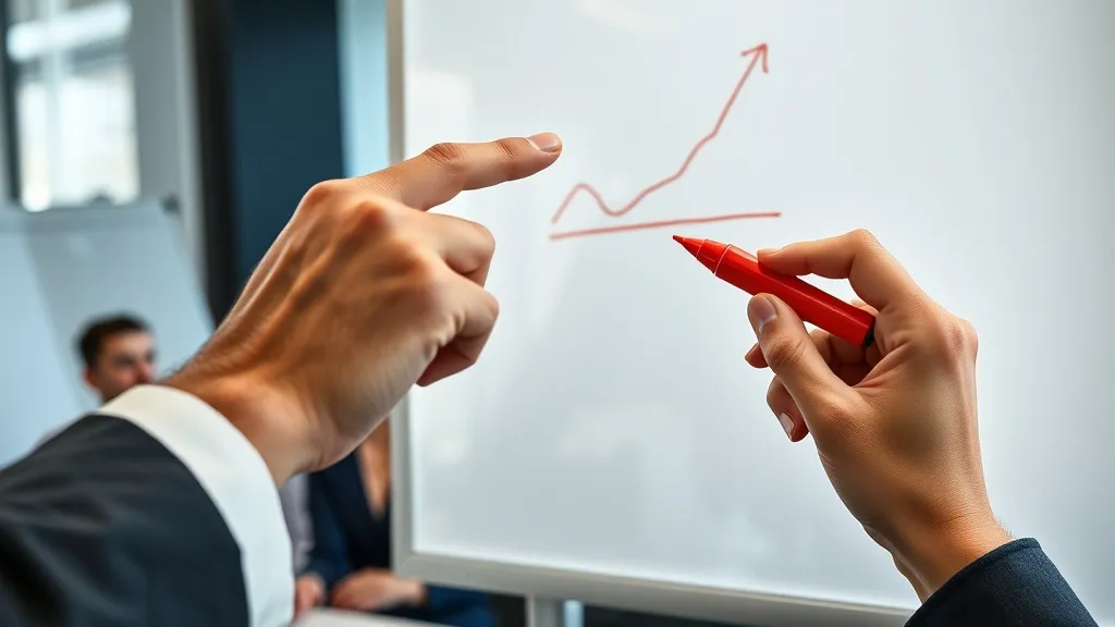 Close-up de mão apontando para linhas em whiteboard mostrando correlação enganosa entre leads e vendas, outra mão com marcador vermelho