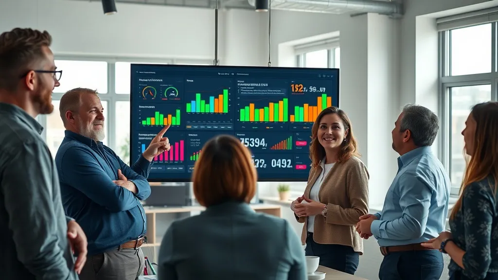 Equipe de marketing analisando dashboard de lead scoring preditivo em escritório moderno