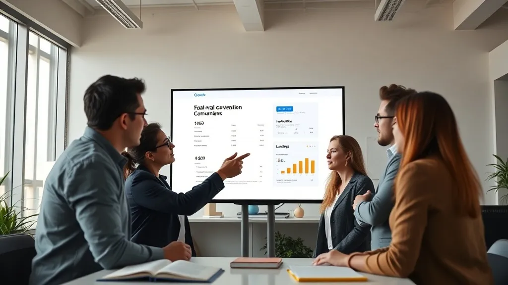 Equipe de marketing digital analisa landing page orgânica em tela grande, discutindo estratégias de conversão sem mídia paga