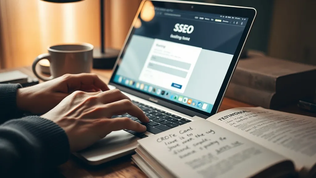 Mãos digitando em laptop com landing page e anotações sobre SEO e CRO em caderno