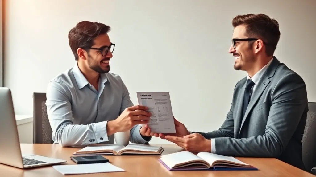 Profissionais de marketing e vendas realizando handoff de lead com briefing em mãos, em escritório moderno