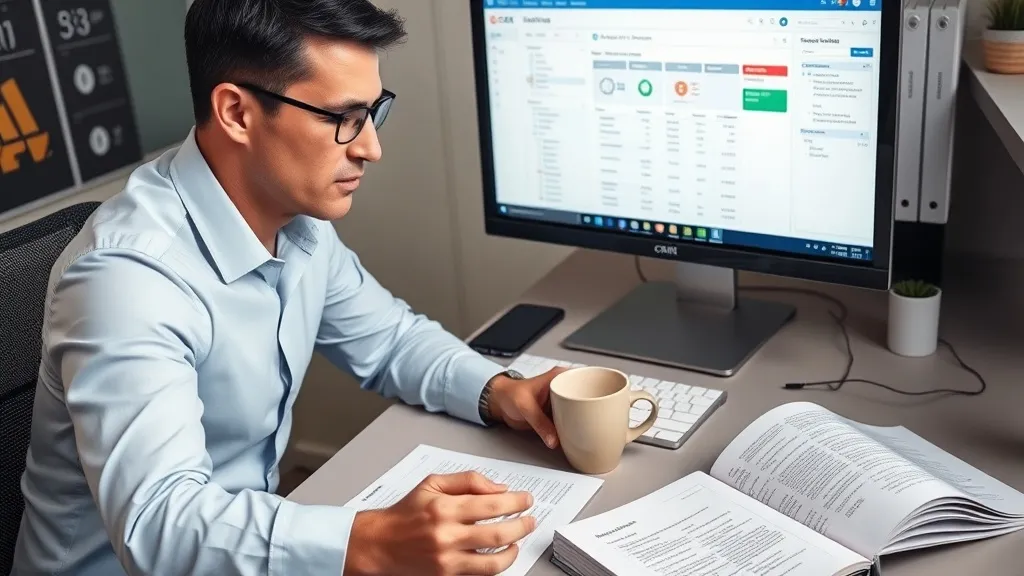 Vendedor analisando briefing de lead quente no CRM, com documento impresso e anotações
