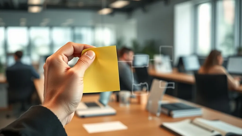 Mão colocando um post-it em um fluxograma em uma parede de vidro, representando auditoria de processos de vendas
