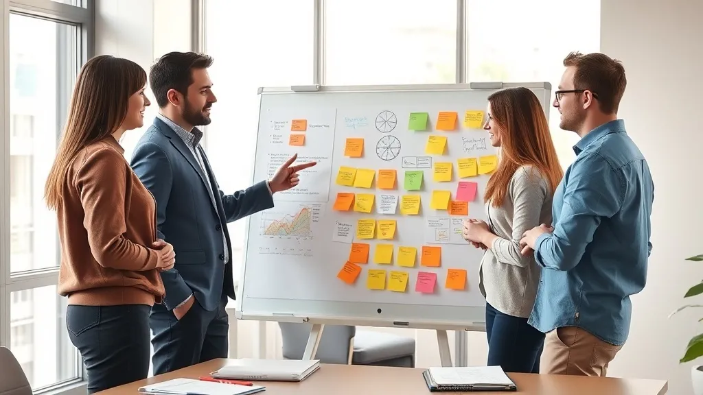 Equipe profissional em reunião ao redor de um quadro branco com post-its coloridos e diagramas de processo, discutindo estratégias de otimização de conversão