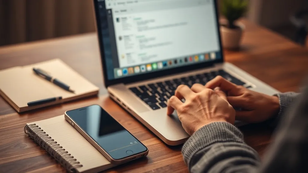 Mãos digitando em laptop com smartphone ao lado mostrando notificação de e-mail e caderno com anotações