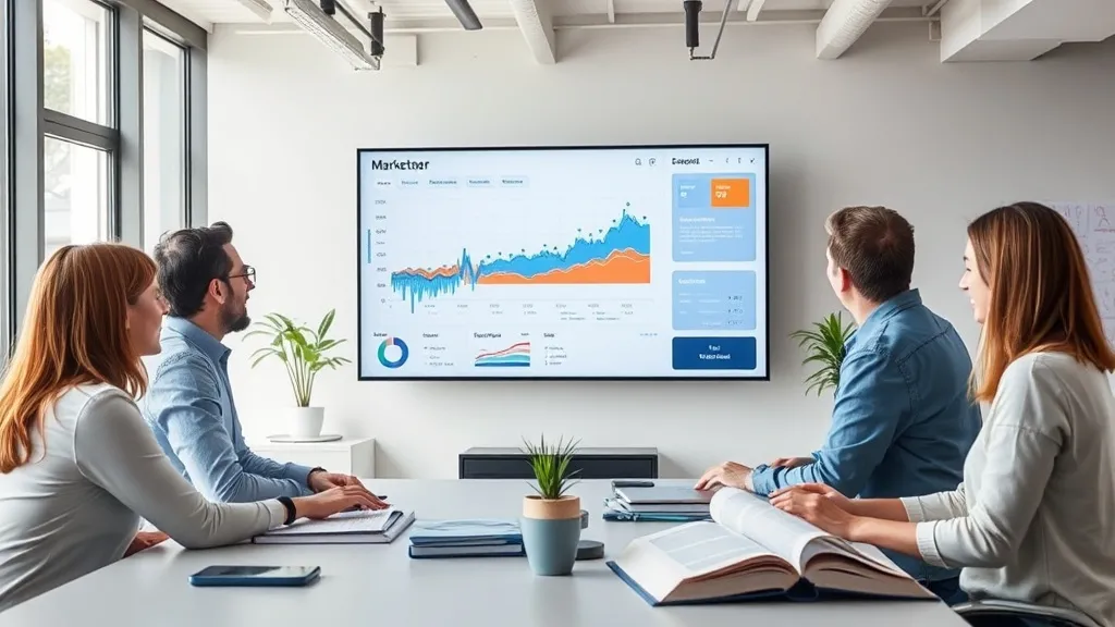 Equipe de marketing analisando dashboard de atribuição híbrida em escritório moderno