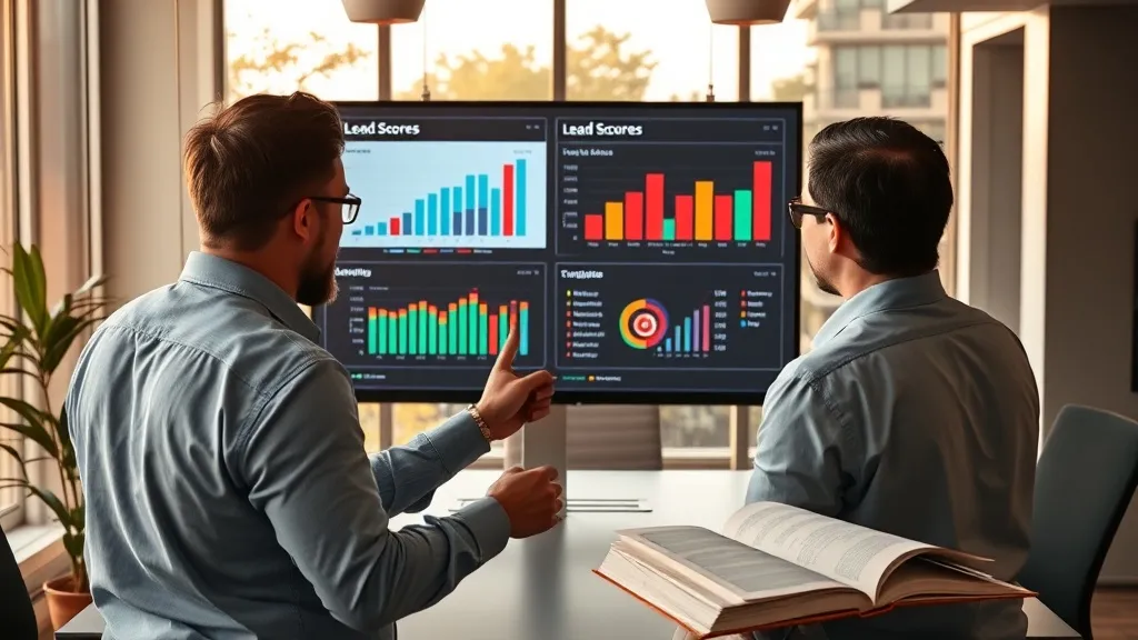 Equipe de vendas B2B analisando painel digital com dois modelos de lead scoring diferentes para inbound e outbound