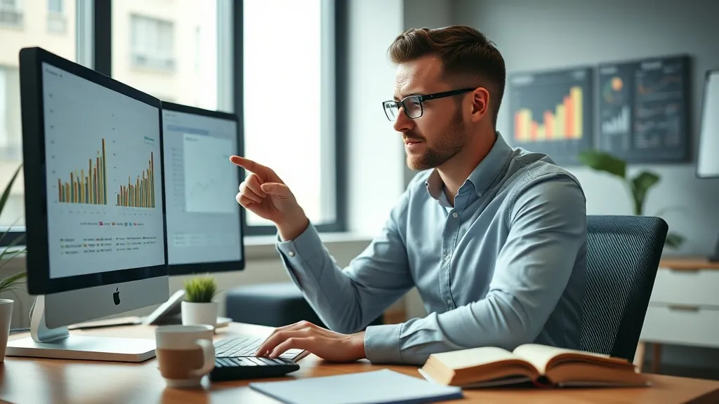 Analista de marketing apontando para números em planilha financeira em tela de computador, com expressão pensativa