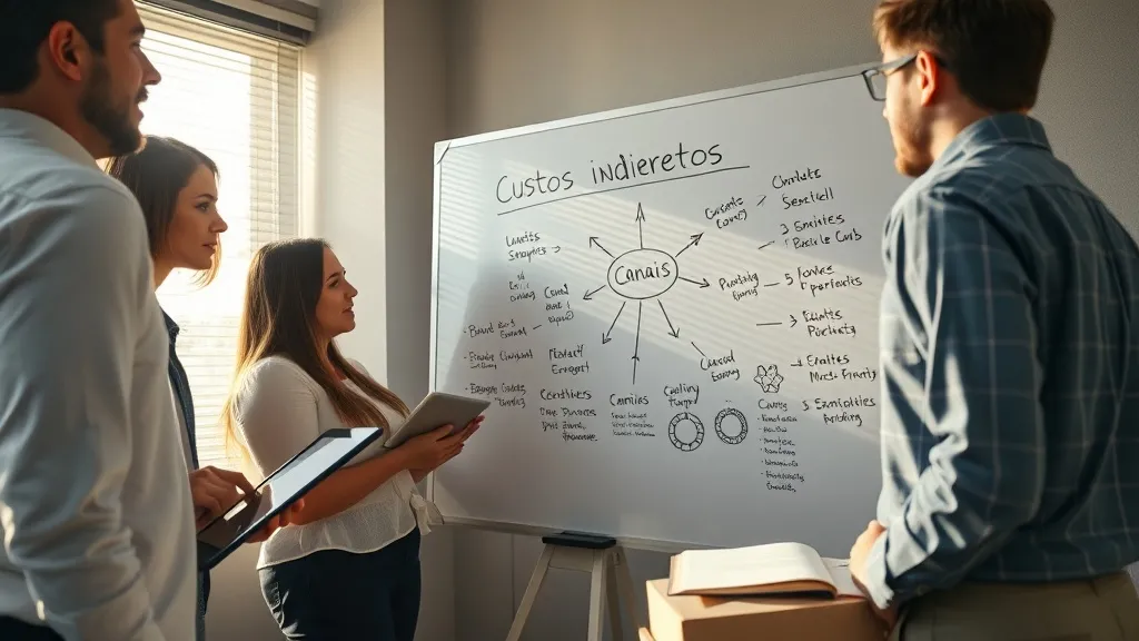 Equipe de marketing discutindo rateio de custos indiretos em quadro branco com diagramas e setas