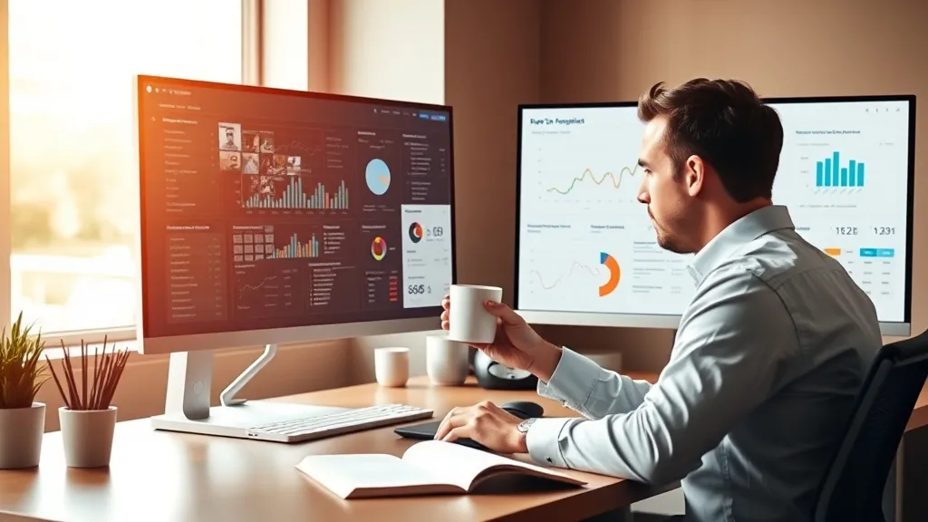 Analista de marketing comparando dois dashboards em monitores duplos, um confuso e outro eficiente, representando a escolha entre ferramentas gratuitas e pagas para análise de leads