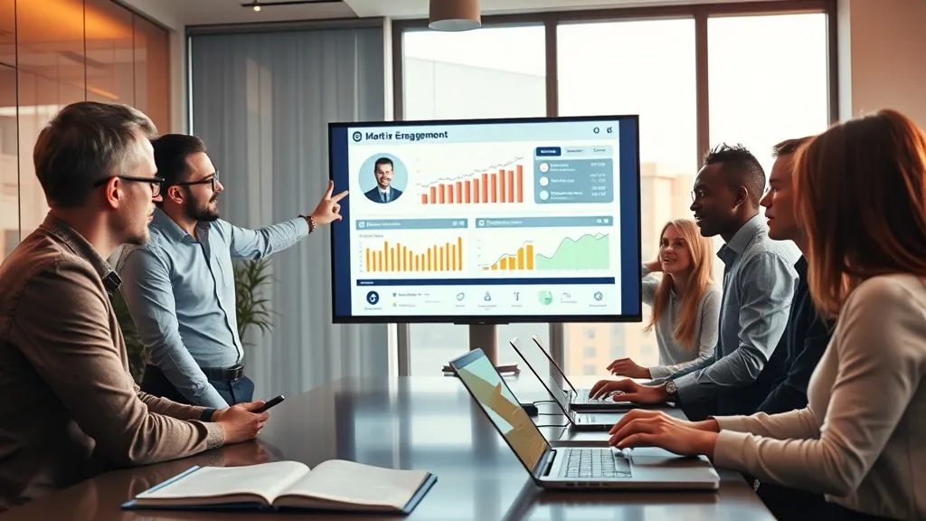 Equipe de marketing analisando métricas de engajamento de webinar em tela grande, em escritório moderno