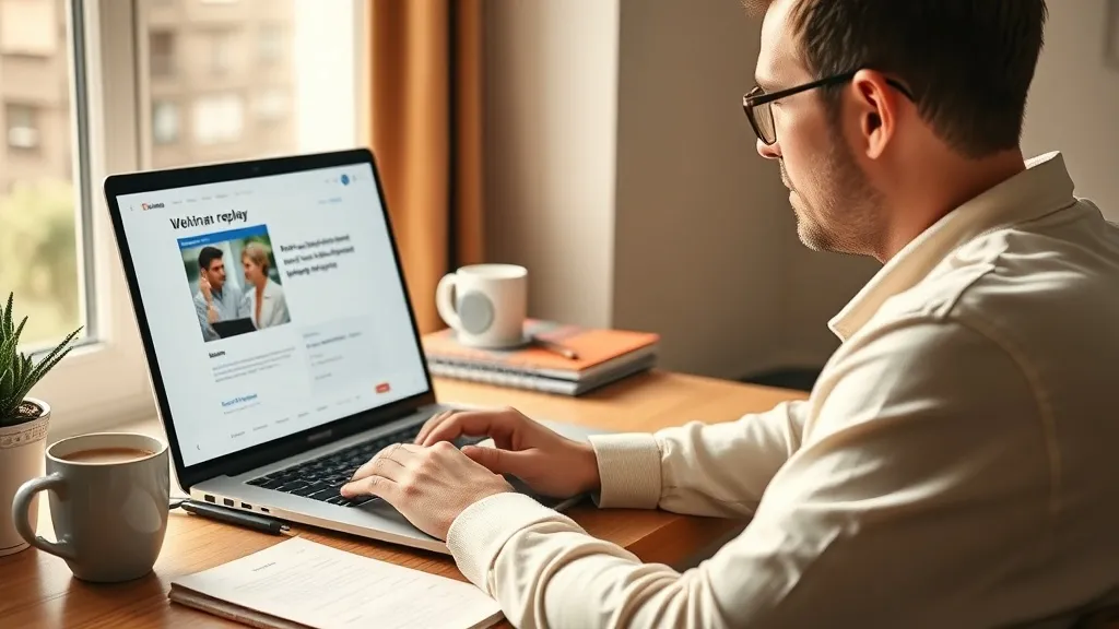 Pessoa assistindo gravação de webinar em laptop em casa, com café, luz natural da manhã