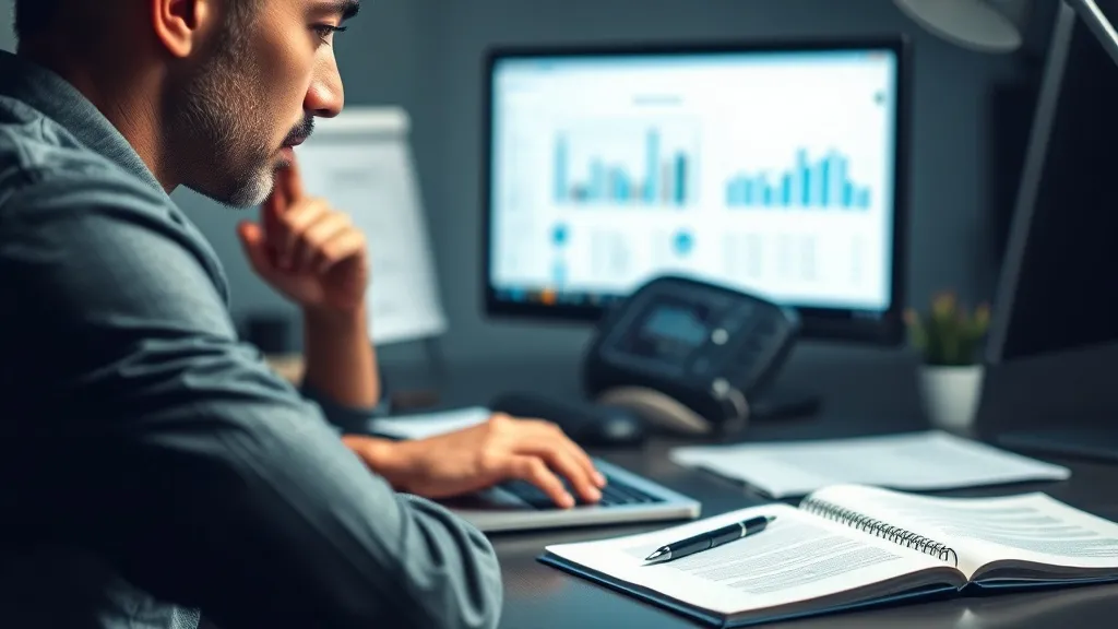 Pessoa analisando dados em um laptop com expressão pensativa, em uma mesa com papéis e anotações.