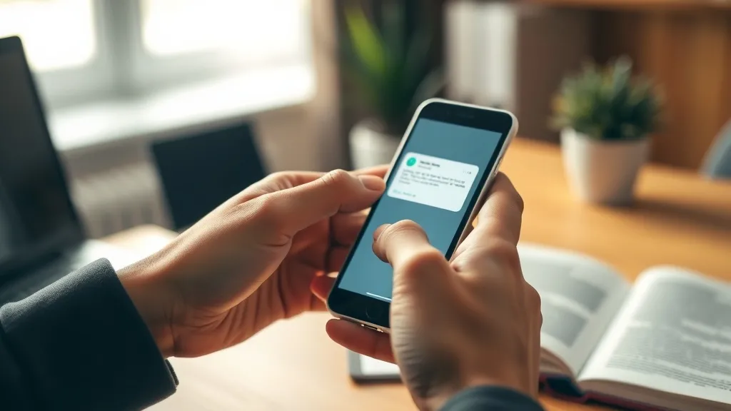 Mão segurando smartphone com notificação de e-mail, pronta para tocar na tela, em um ambiente de escritório com café e planta ao fundo.