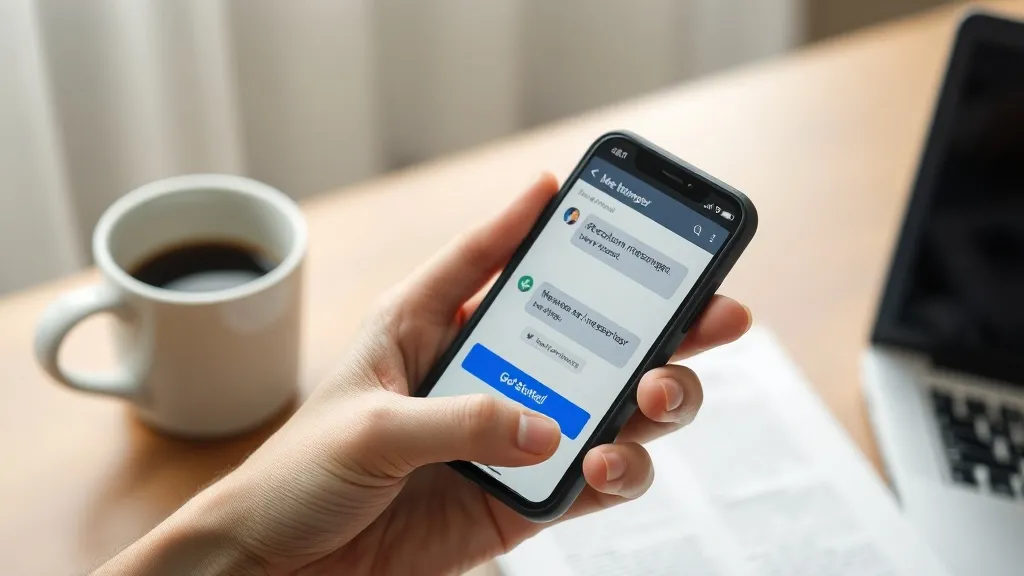 Mão segurando smartphone com tela de chatbot no Facebook Messenger, com mensagem de boas-vindas e botão de início, ao fundo café e notebook desfocados