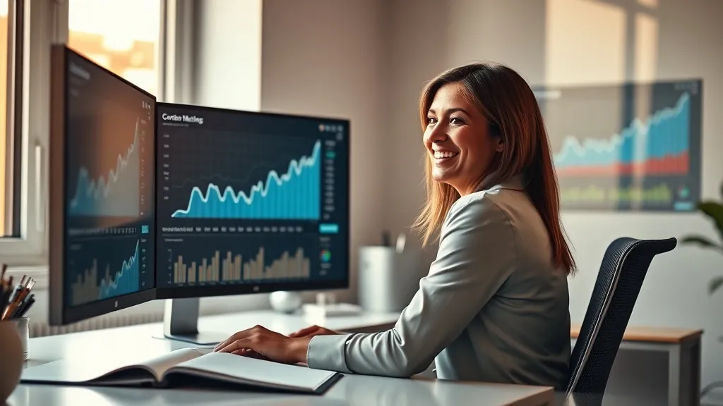 Mulher profissional sorrindo ao analisar métricas de conversão em dois monitores, em escritório moderno com luz natural