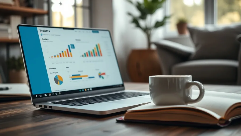 Close-up de um laptop com um dashboard de métricas de qualidade de leads, ao lado de uma xícara de café e um caderno com anotações, representando a análise de KPIs em parcerias de co-marketing.