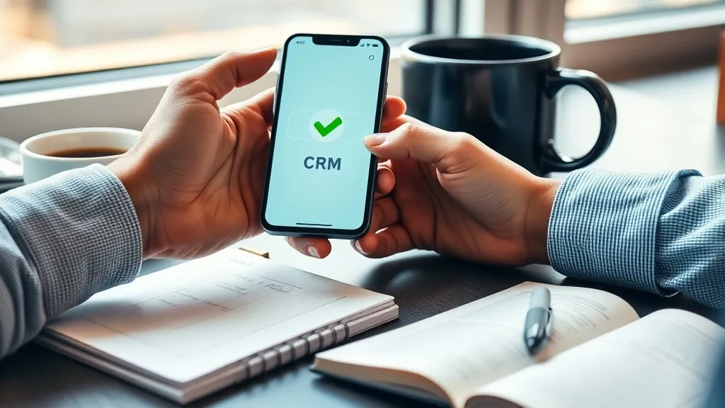 Vendedor usando CRM com automação mínima viável, mão no smartphone e caderno, ambiente de trabalho calmo e iluminado