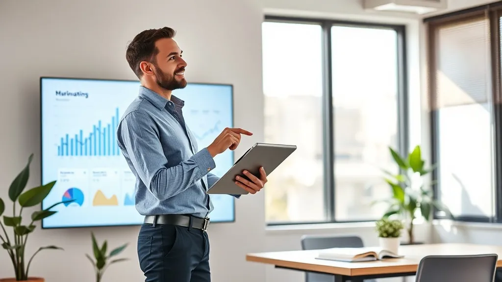 Gestor de marketing analisando dashboard de qualidade de leads em escritório moderno