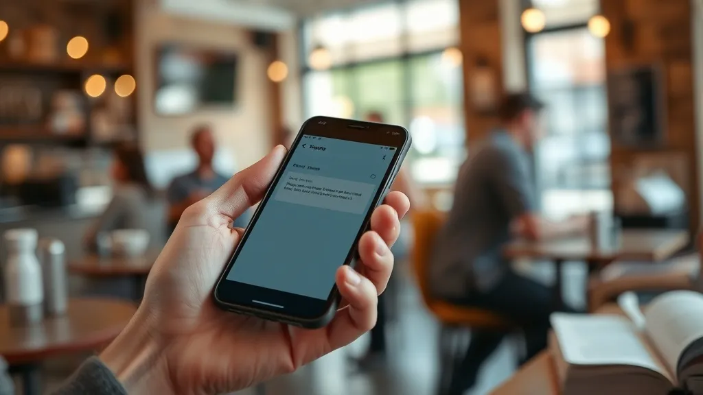 Close-up de mão segurando smartphone com notificação de e-mail em cafeteria movimentada