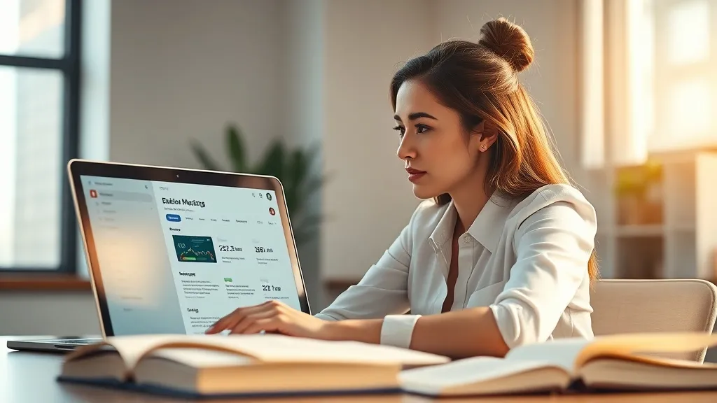 Mulher profissional analisando dashboard de e-mail marketing em laptop em escritório moderno com luz natural