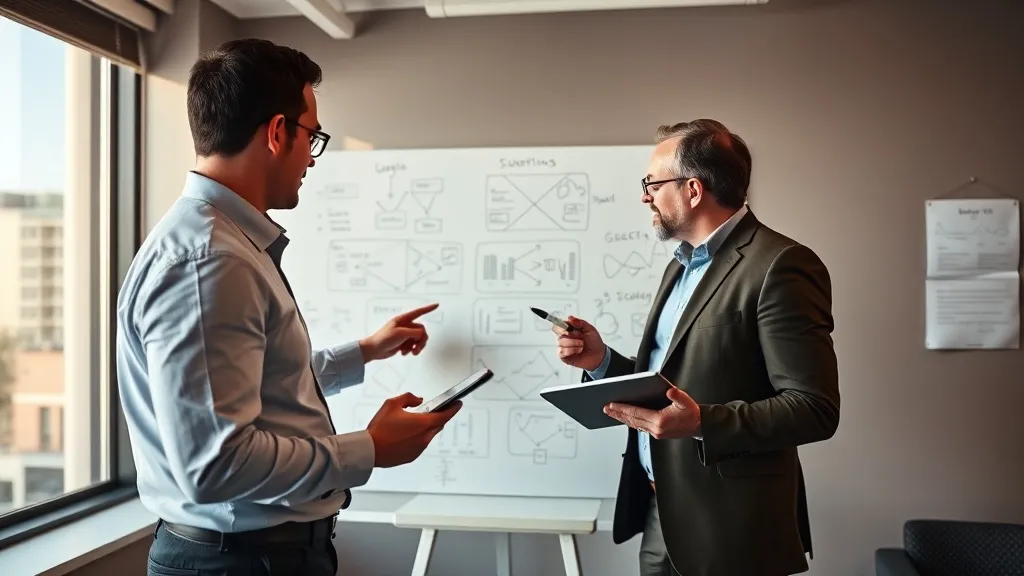 Dois gestores em reunião apontando para fluxogramas em quadro branco, representando a discussão estratégica de integração entre CRM e ERP