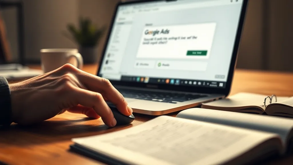 Mão clicando em anúncio no Google Ads com notificação de conversão bem-sucedida em laptop