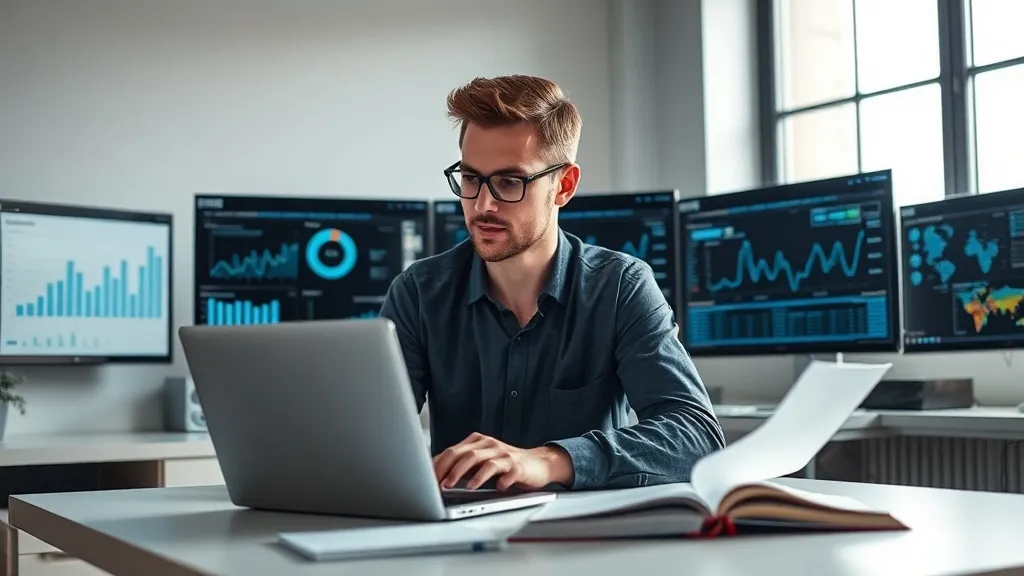 Profissional de marketing B2B analisando dados de audiência comportamental em múltiplos monitores em escritório moderno