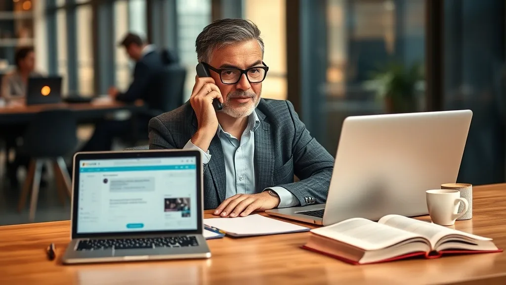 Profissional de vendas B2B usando telefone, e-mail e chat simultaneamente para qualificar leads