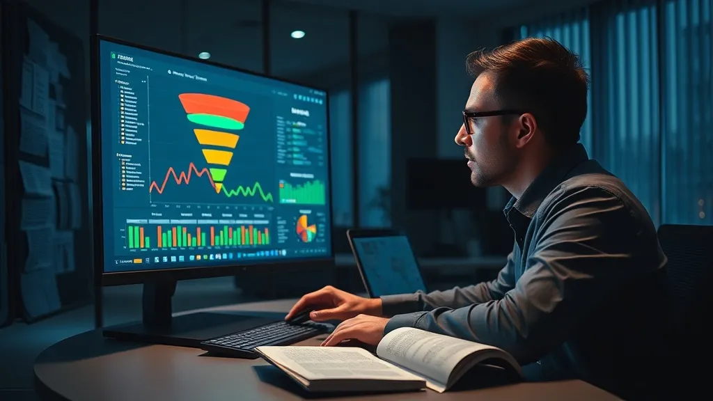 Analista de vendas analisando funil de leads com indicadores de alerta em dashboard