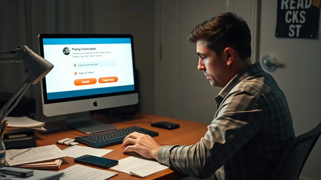 Pessoa frustrada em home office olhando para laptop com chatbot que não entende sua necessidade complexa