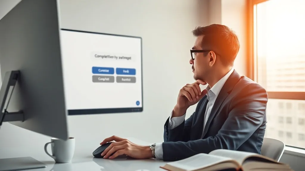 Profissional em escritório moderno analisando tela de computador com interface de chat, expressão de decisão estratégica