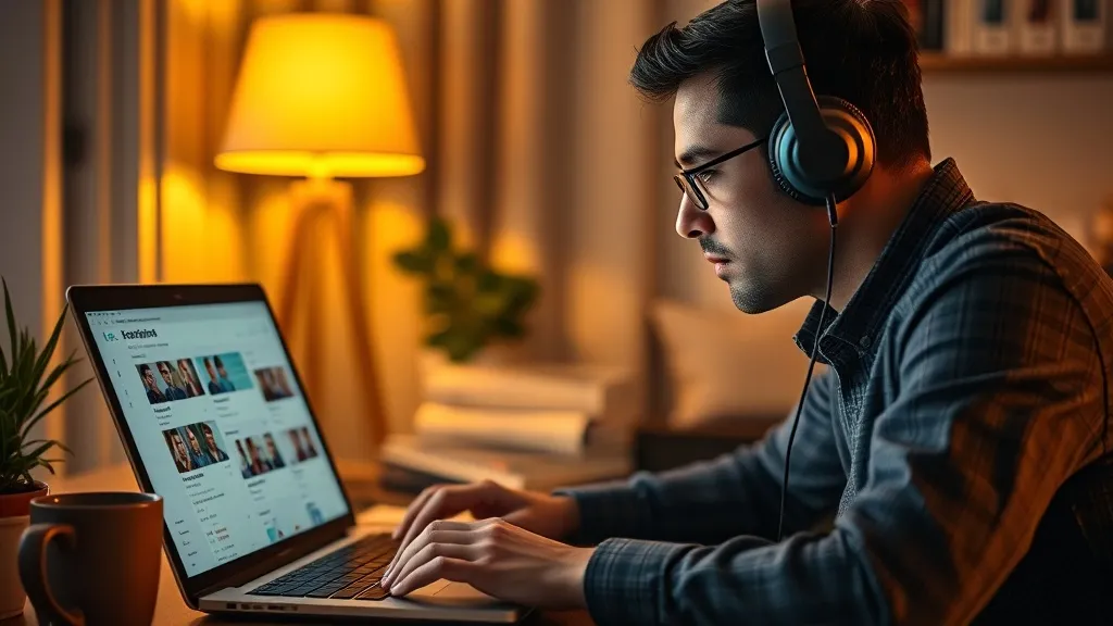 Profissional concentrado lendo tela de comunidade online com foco e atenção, em home office à noite