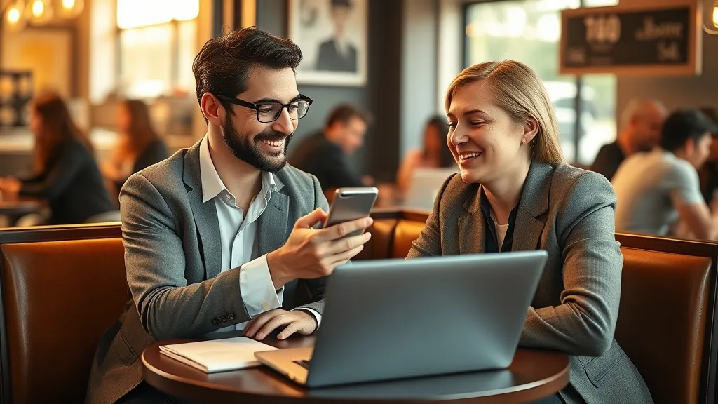 Conversa privada e amigável entre dois profissionais em cafeteria, com um mostrando celular ao outro