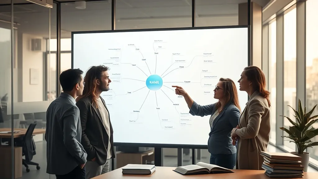 Equipe de marketing analisando um mapa mental interativo em uma lousa digital em escritório moderno