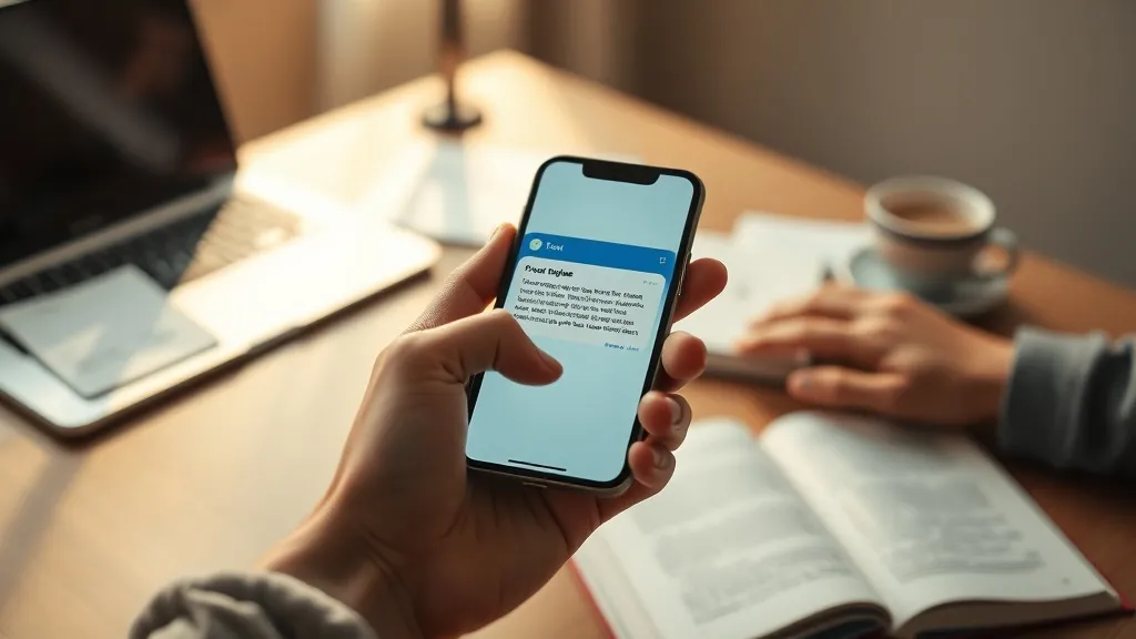 Mão segurando smartphone com notificação de conteúdo personalizado em ambiente de trabalho