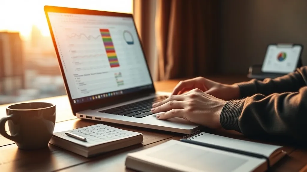 Analista de marketing constrói benchmark interno em laptop com planilha e anotações