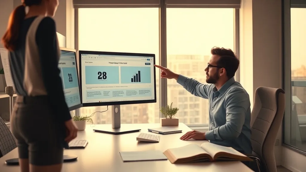 Analista de marketing apontando para dois monitores com interfaces de teste A/B em landing pages, em escritório moderno com luz natural