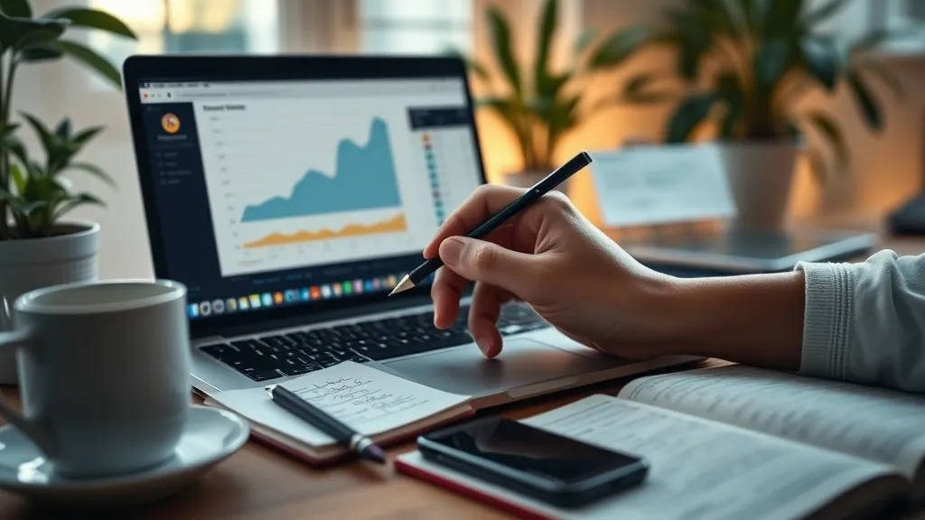 Mão apontando para gráfico de significância estatística em laptop, com caderno de anotações e café ao lado