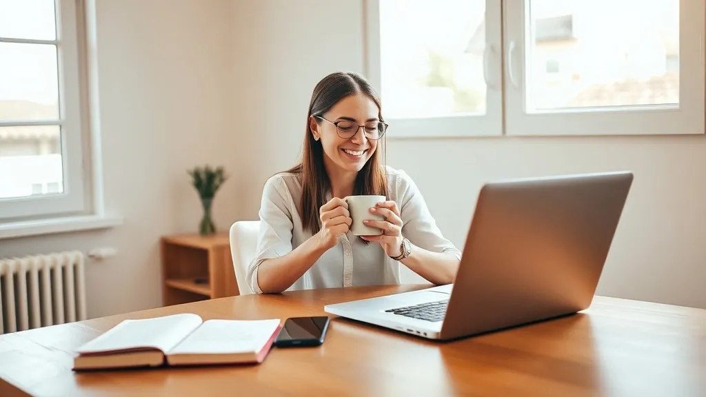 Empreendedora sorrindo em home office ao usar ferramenta gratuita de captação de leads
