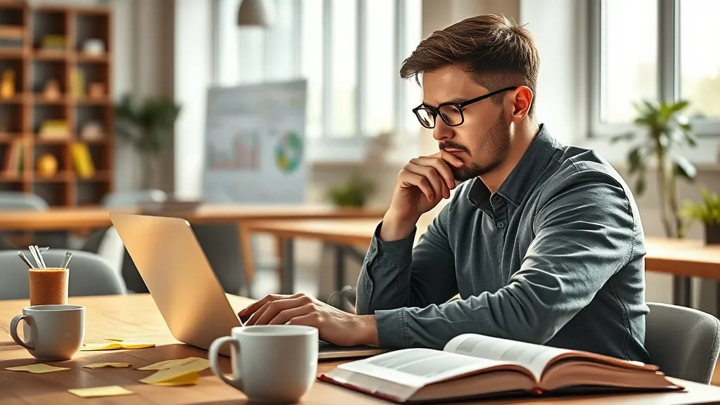 Analista de marketing concentrado em laptop com gráficos abstratos em ambiente de coworking