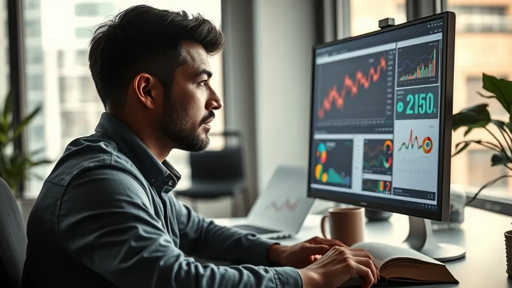Analista de dados concentrado em dashboard de lead scoring com gráficos coloridos em monitor