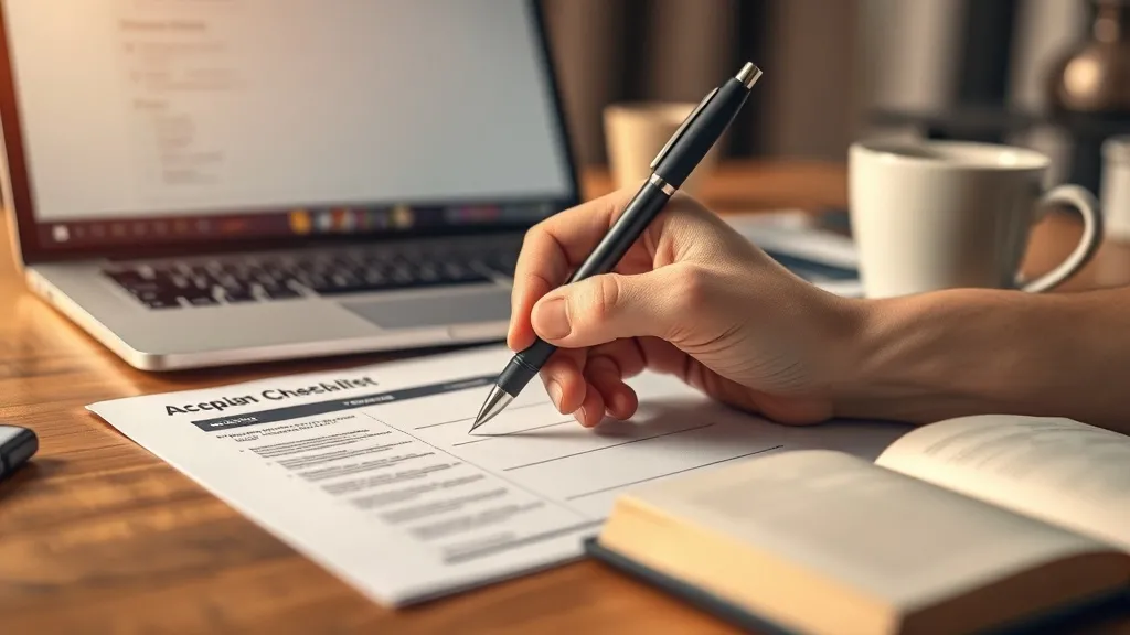 Mão segurando caneta sobre checklist detalhado em mesa de escritório, representando investimento e filtro de intenção em lead magnet